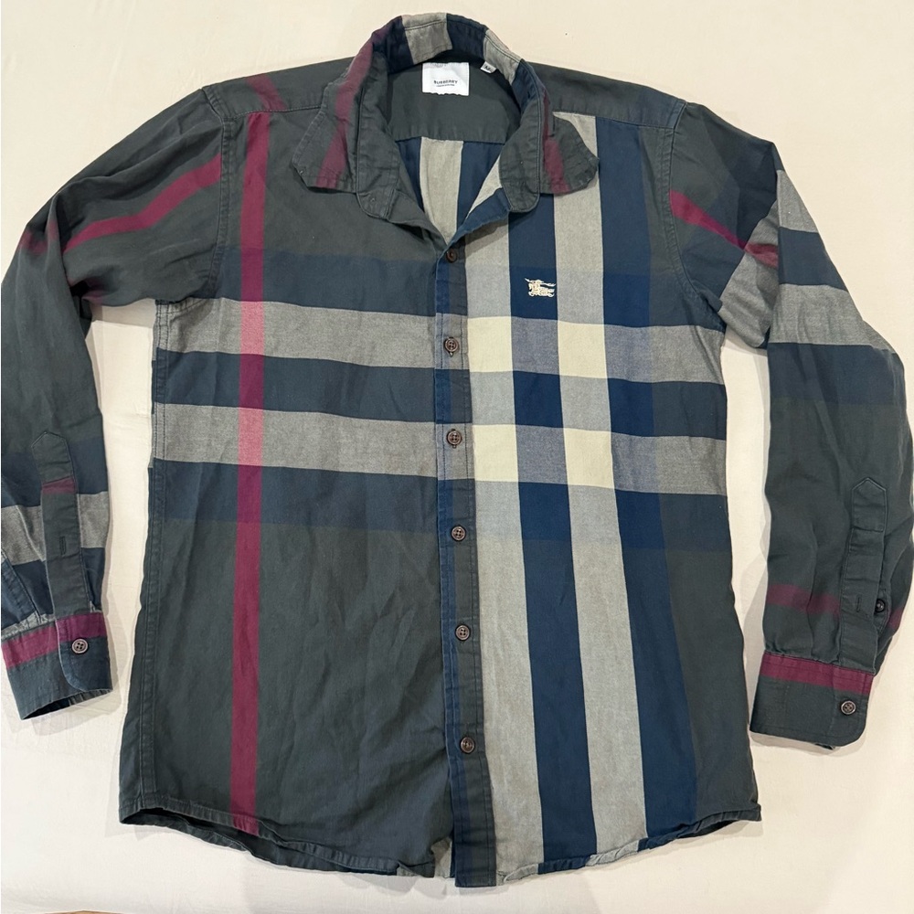 Burberry Men's Plaid Button-Down Shirt — Gray, Navy & Burgundy